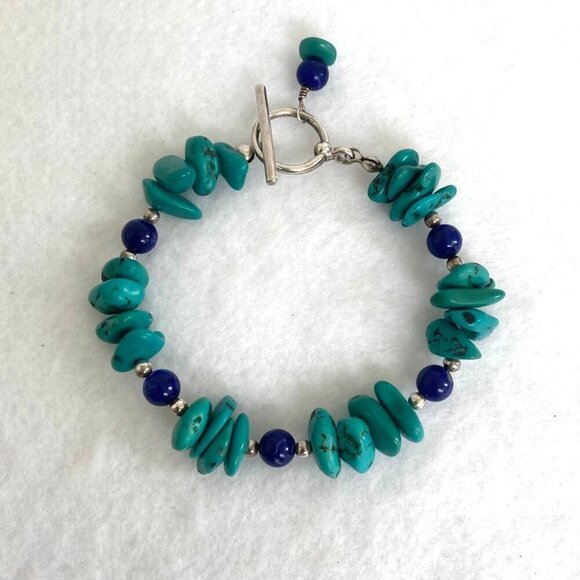 Sterling Silver 925 Dakota West Turquoise Chip & Round Lapis Beaded Bracelet 7" - Picture 6 of 16